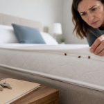 Femme inspectant un matelas infesté de punaises de lit dans une chambre, avec une petite maison miniature et des clés au premier plan, illustrant la question de la prise en charge par l’assurance habitation.