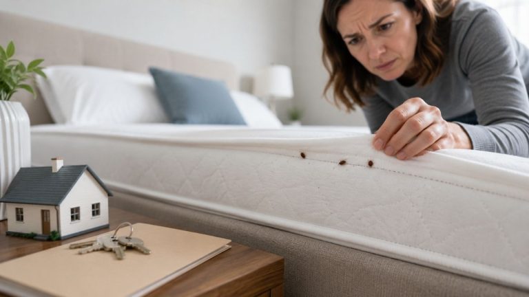 Femme inspectant un matelas infesté de punaises de lit dans une chambre, avec une petite maison miniature et des clés au premier plan, illustrant la question de la prise en charge par l’assurance habitation.