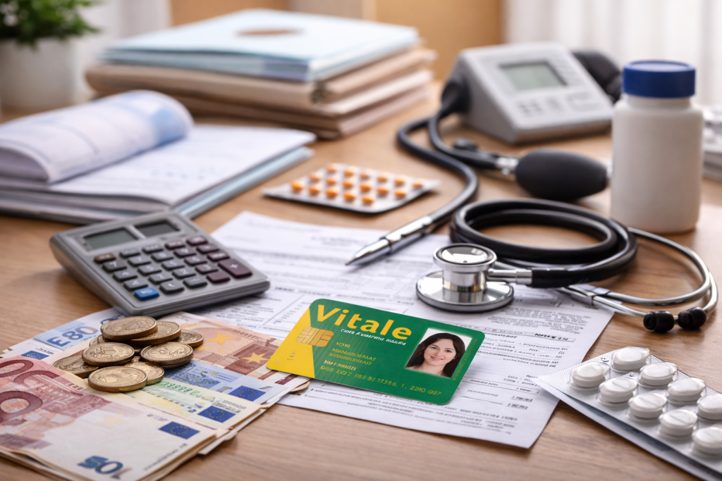 Dépenses de l’Assurance Maladie illustrées par une carte Vitale, des factures de santé, des médicaments et des billets en euros.