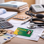 Dépenses de l’Assurance Maladie illustrées par une carte Vitale, des factures de santé, des médicaments et des billets en euros.