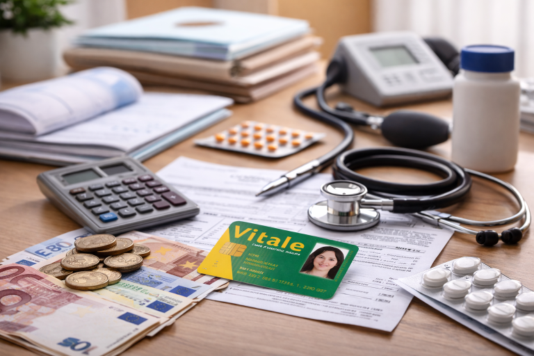 Dépenses de l’Assurance Maladie illustrées par une carte Vitale, des factures de santé, des médicaments et des billets en euros.