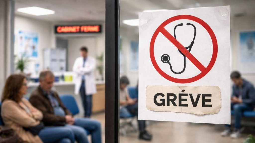 Design sans titre - 2026-01-07T164646.479 Grève des médecins libéraux perturbant l’accès aux soins, avec une salle d’attente médicale vide et des patients en attente de consultation.