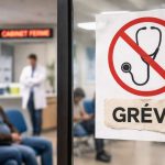 Grève des médecins libéraux perturbant l’accès aux soins, avec une salle d’attente médicale vide et des patients en attente de consultation.