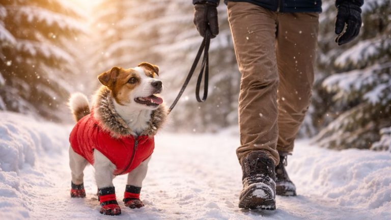 Protéger les animaux domestiques du froid : chien promené par son maître en hiver sur un chemin enneigé, équipé d’un manteau pour le protéger des basses températures