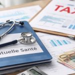 Illustration de la taxe complémentaire santé avec dossier de mutuelle, stéthoscope, calculatrice et documents financiers sur un bureau.