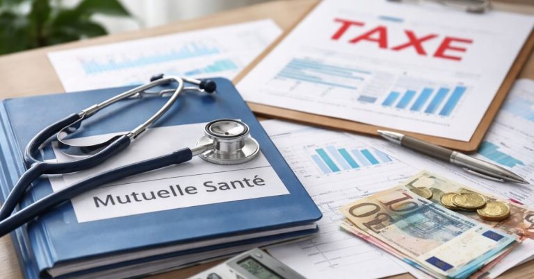 Illustration de la taxe complémentaire santé avec dossier de mutuelle, stéthoscope, calculatrice et documents financiers sur un bureau.