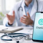 Médecin en consultation utilisant ChatGPT santé sur smartphone pour s’informer sur des questions médicales.