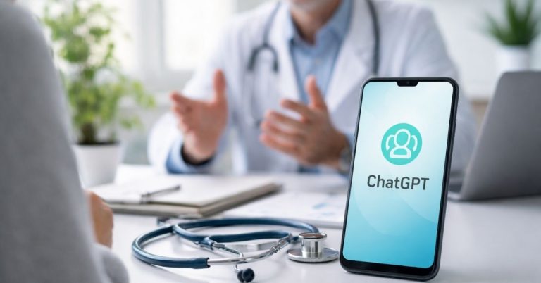 Médecin en consultation utilisant ChatGPT santé sur smartphone pour s’informer sur des questions médicales.