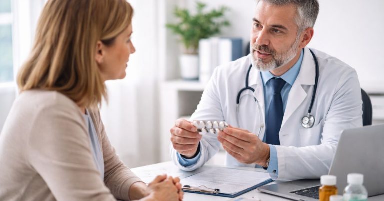 Consultation entre un patient et un médecin évoquant le coût des médicaments innovants et leur impact sur les remboursements santé.