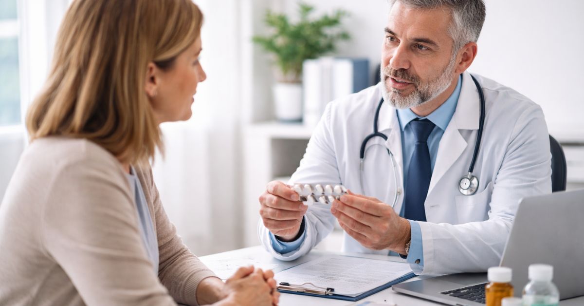 Consultation entre un patient et un médecin évoquant le coût des médicaments innovants et leur impact sur les remboursements santé.