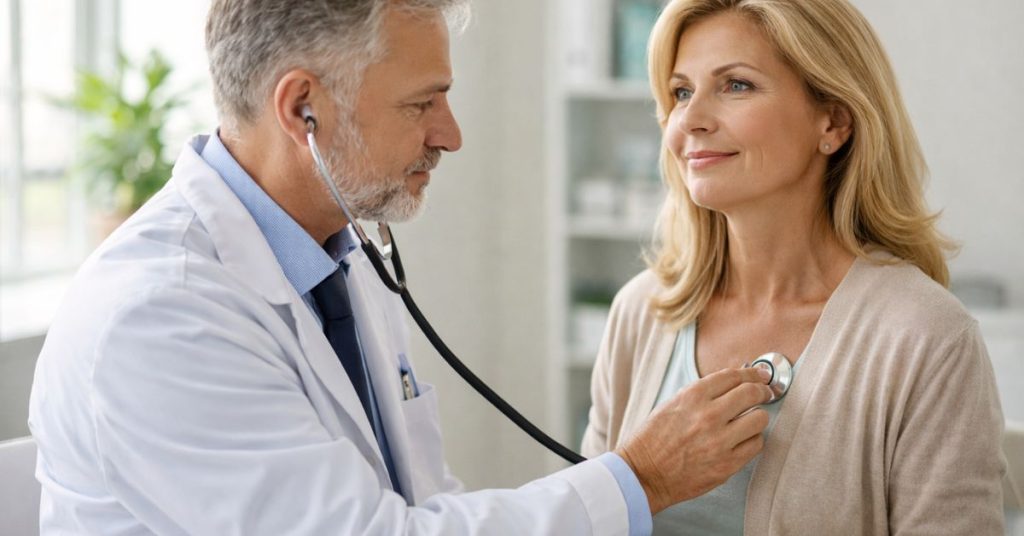 Consultation médicale dans le cadre de la prévention santé : une patiente se fait ausculter par son médecin lors d’un examen de routine.