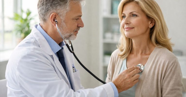 Consultation médicale dans le cadre de la prévention santé : une patiente se fait ausculter par son médecin lors d’un examen de routine.