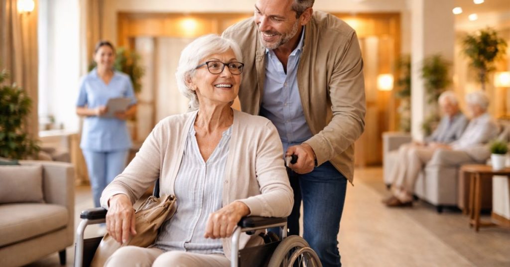 Mamie en fauteuil roulant accompagnée de son fils lors de son entrée en maison de retraite, illustrant les questions d’assurance habitation EHPAD.