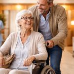 Mamie en fauteuil roulant accompagnée de son fils lors de son entrée en maison de retraite, illustrant les questions d’assurance habitation EHPAD.