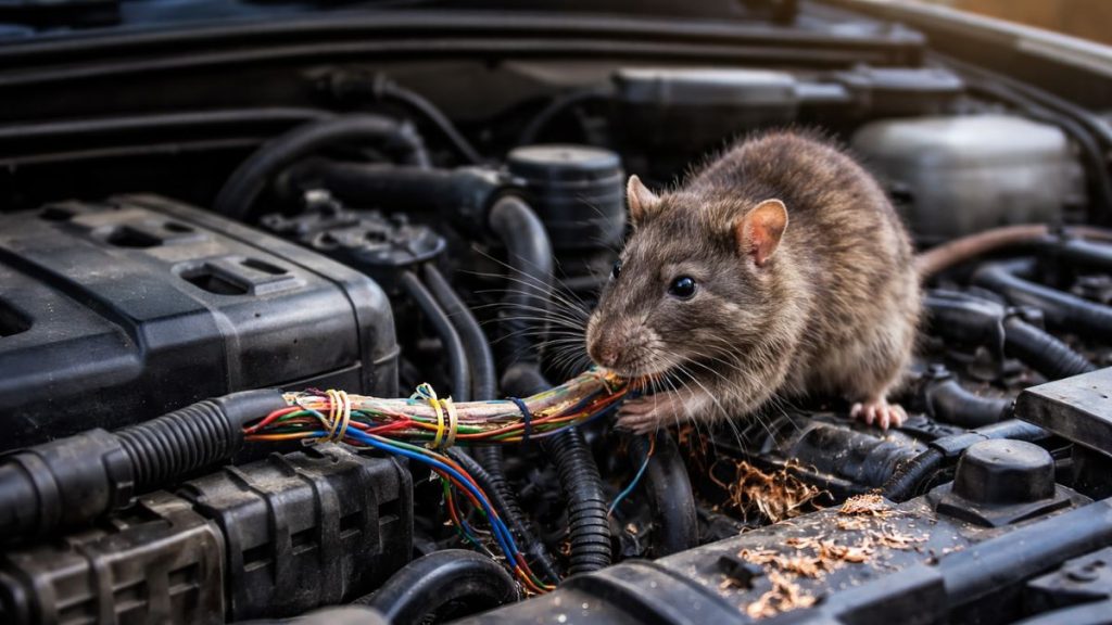 Assurance auto dégâts rongeurs : rat ayant rongé des câbles électriques sous le capot d’une voiture, causant des dommages moteur