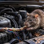 Assurance auto dégâts rongeurs : rat ayant rongé des câbles électriques sous le capot d’une voiture, causant des dommages moteur
