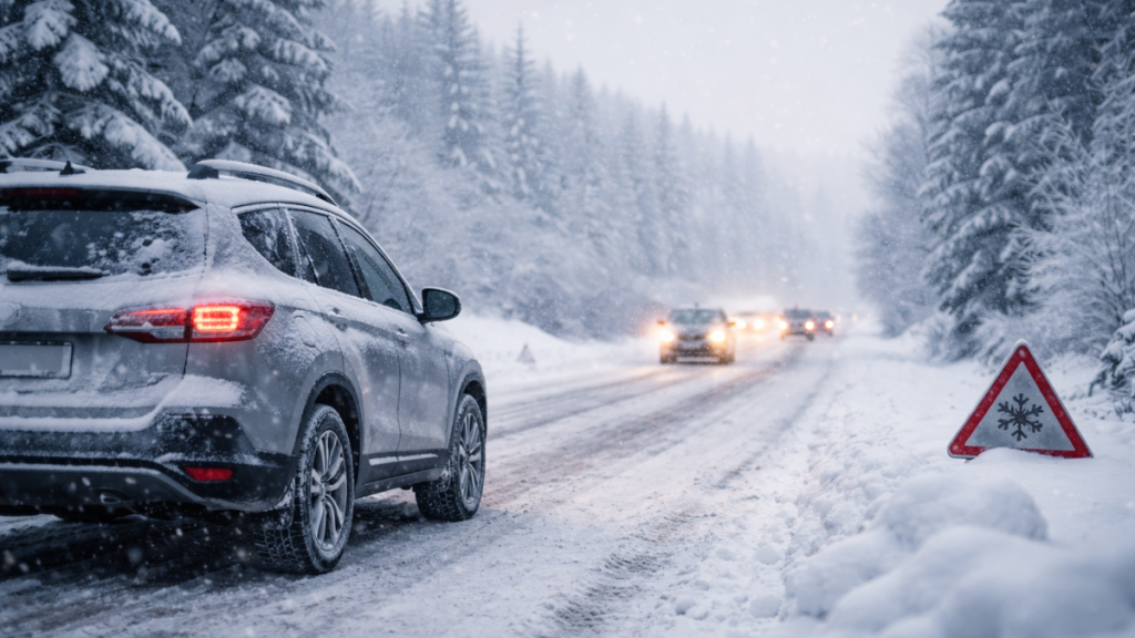 Route enneigée et verglacée en hiver avec circulation automobile ralentie lors d’un épisode de neige et verglas