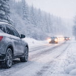 Route enneigée et verglacée en hiver avec circulation automobile ralentie lors d’un épisode de neige et verglas