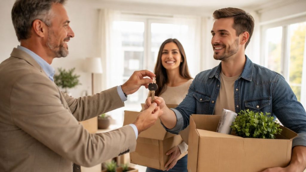 Remise de clés entre propriétaire et locataire illustrant un bail verbal en résidence principale.