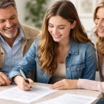 Jeune étudiante accompagnée de ses parents lors de la signature d’un bail, dans le cadre d’une assurance habitation mineur avant 18 ans.