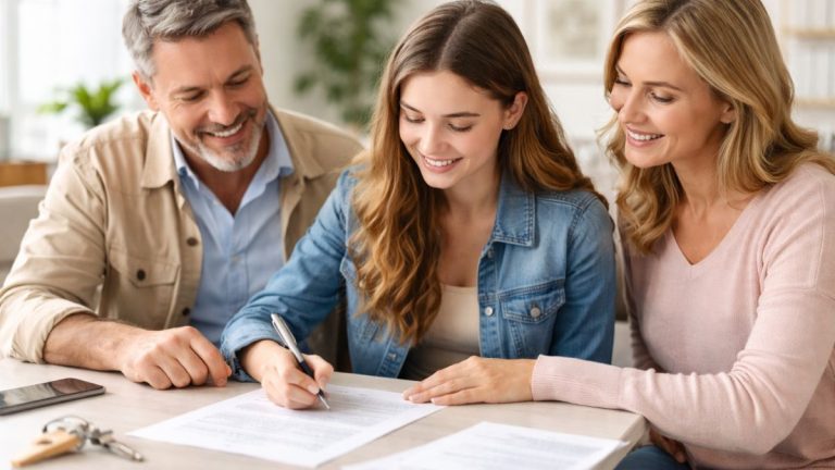 Jeune étudiante accompagnée de ses parents lors de la signature d’un bail, dans le cadre d’une assurance habitation mineur avant 18 ans.