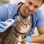Vétérinaire vérifiant l’identification animaux d’un chat à l’aide d’un lecteur de puce électronique dans son cabinet