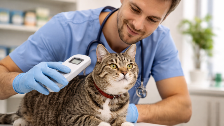 Vétérinaire vérifiant l’identification animaux d’un chat à l’aide d’un lecteur de puce électronique dans son cabinet
