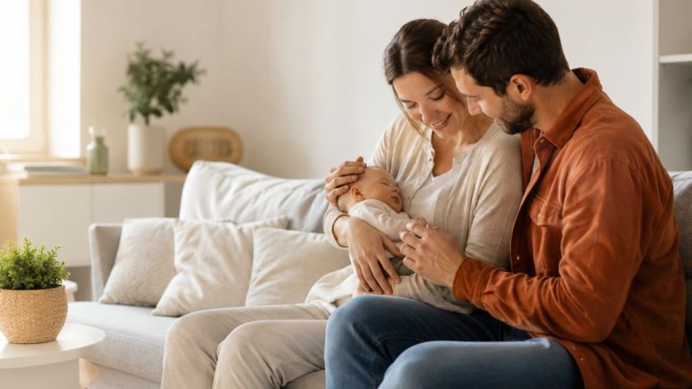 Jeunes parents assis sur un canapé avec leur nouveau-né dans un salon lumineux, illustrant le congé supplémentaire de naissance et le temps passé en famille après l’arrivée d’un enfant.