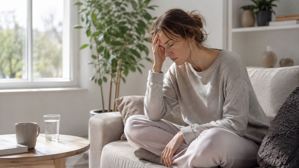 Femme assise sur un canapé, visiblement épuisée, illustrant le syndrome de fatigue chronique