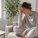 Femme assise sur un canapé, visiblement épuisée, illustrant le syndrome de fatigue chronique