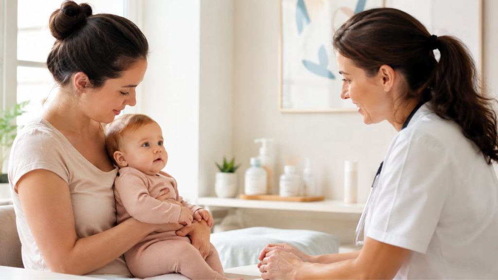 Mère tenant son nourrisson lors d’une consultation pédiatrique sur la prévention de la bronchiolite
