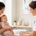 Mère tenant son nourrisson lors d’une consultation pédiatrique sur la prévention de la bronchiolite