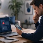 Alerte de fuite de données personnelles sur ordinateur pendant qu’une personne consulte son téléphone