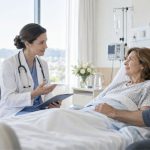 Médecin échangeant avec une patiente hospitalisée et son proche dans une chambre d’hôpital