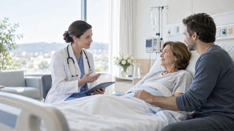 Médecin échangeant avec une patiente hospitalisée et son proche dans une chambre d’hôpital