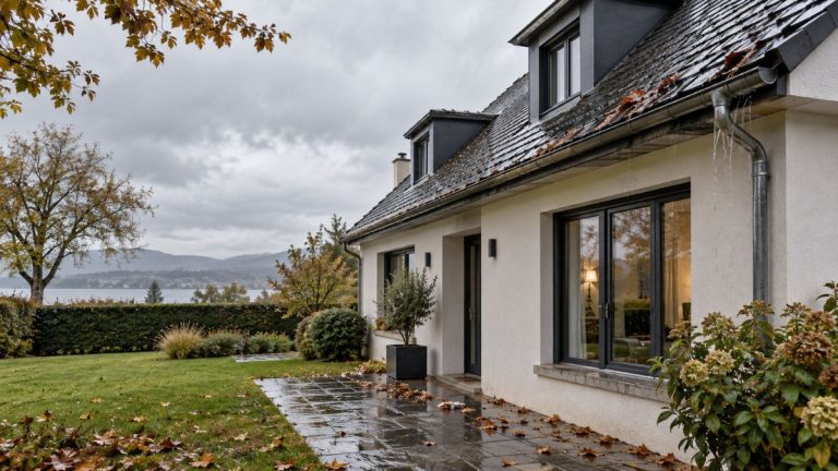 Maison avec toiture et gouttière sous la pluie après une tempête, illustration de l’assurance habitation et du défaut d’entretien