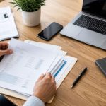 Bureau lumineux vu de dessus avec ordinateur portable, smartphone, papiers et dossier administratif en cours de préparation.