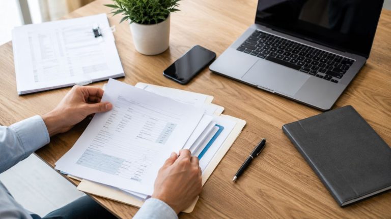 Bureau lumineux vu de dessus avec ordinateur portable, smartphone, papiers et dossier administratif en cours de préparation.
