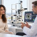 Consultation chez un ophtalmologue avec une patiente métissée aux yeux verts avant une opération des yeux au laser