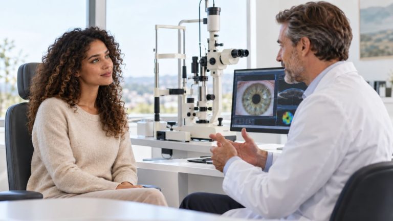 Consultation chez un ophtalmologue avec une patiente métissée aux yeux verts avant une opération des yeux au laser