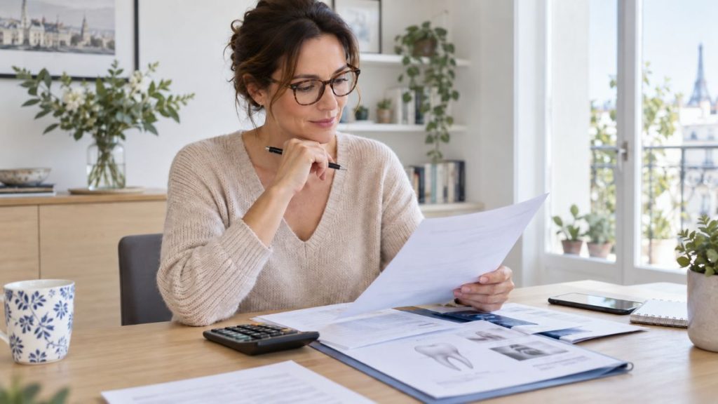 Femme consultant ses documents de remboursement de mutuelle santé