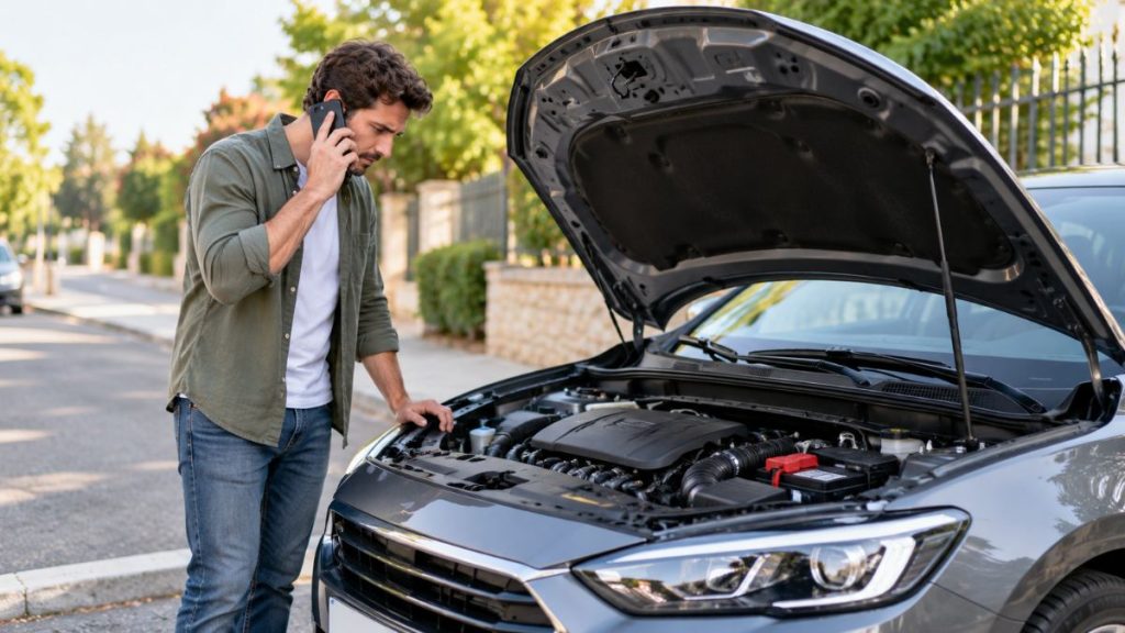 Conducteur devant une voiture en panne de batterie avec le capot ouvert dans une rue résidentielle