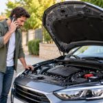 Conducteur devant une voiture en panne de batterie avec le capot ouvert dans une rue résidentielle