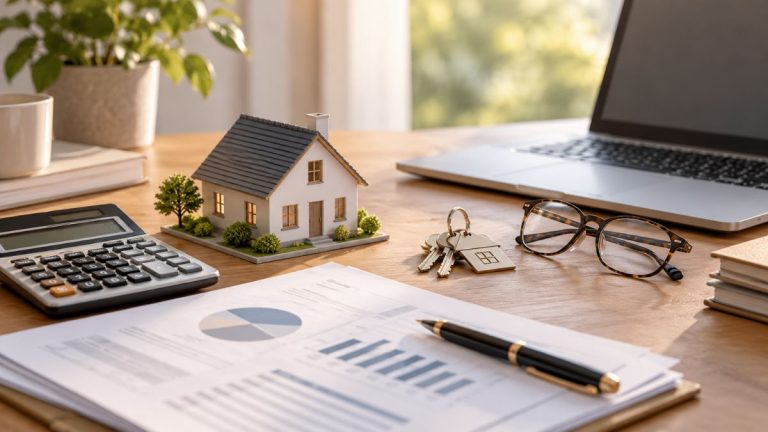 Crédit immobilier après 50 ans avec maison, calculatrice et documents de financement