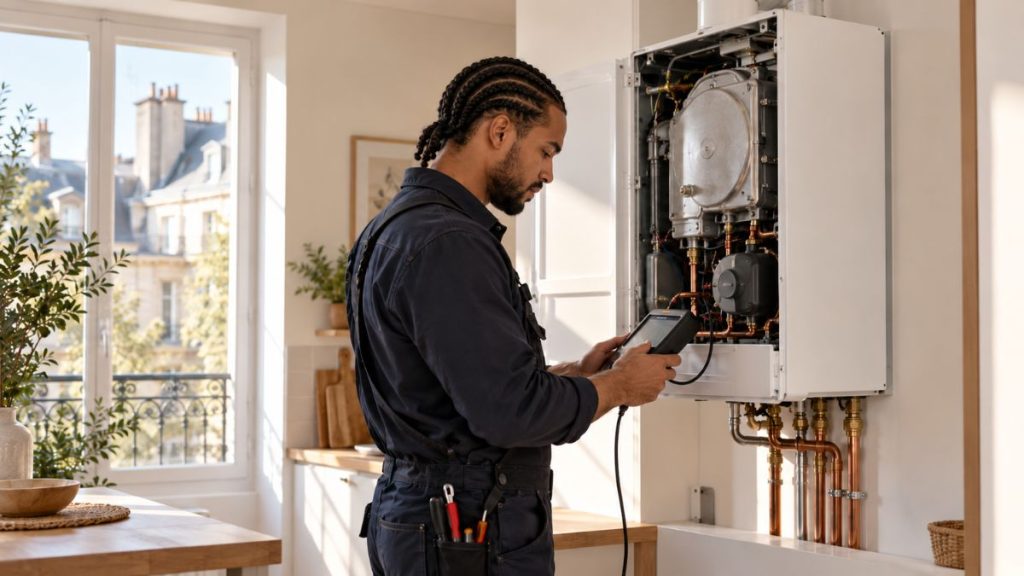 Technicien diagnostiquant une chaudière en panne dans un appartement