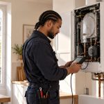 Technicien diagnostiquant une chaudière en panne dans un appartement