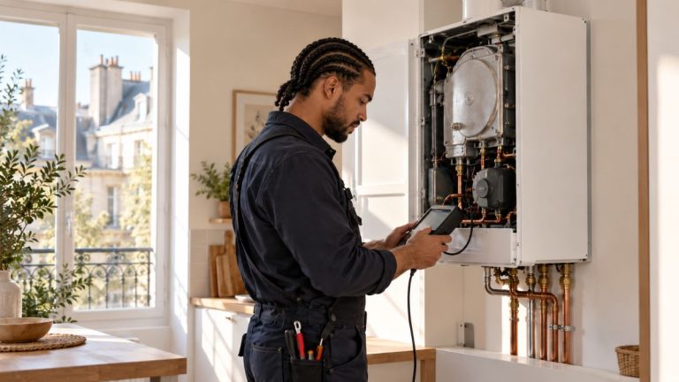 Technicien diagnostiquant une chaudière en panne dans un appartement