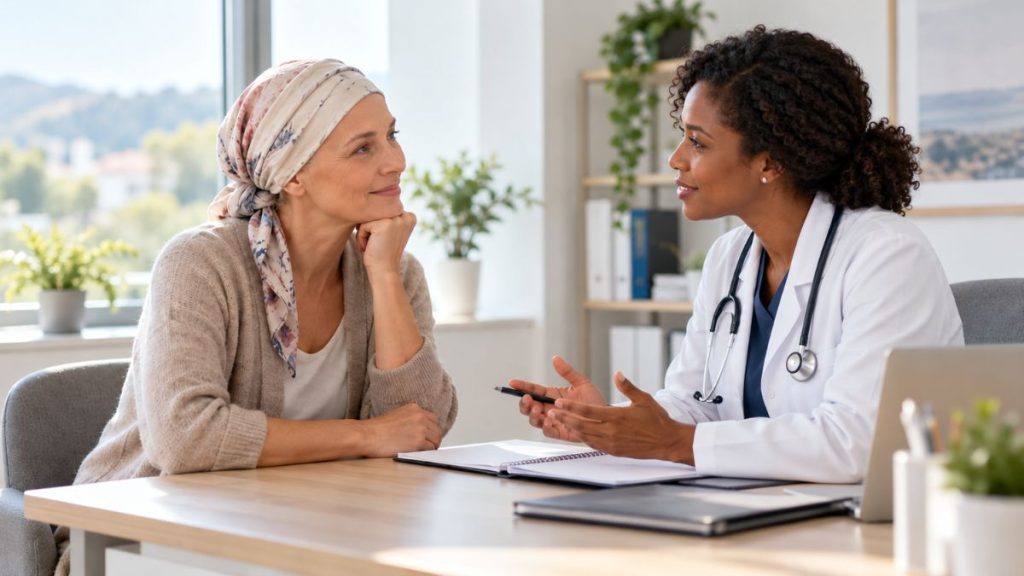 Patiente atteinte d’un cancer échangeant avec une médecin lors d’une consultation de suivi pendant ou après son traitement.