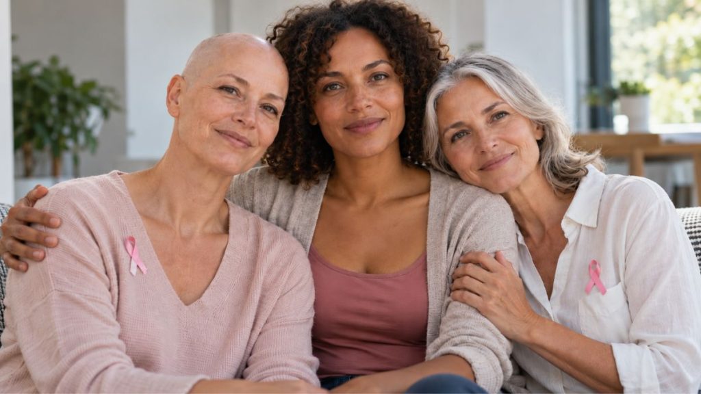 Trois femmes unies face à l’objectif, avec rubans roses, pour illustrer le soutien à la lutte contre le cancer du sein.