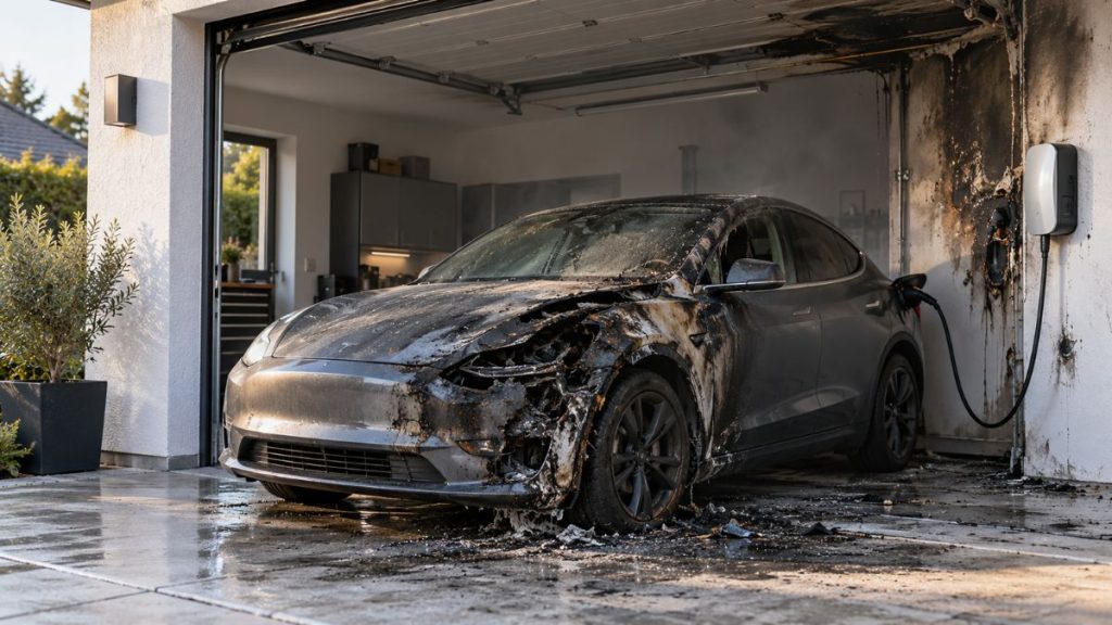 Voiture électrique endommagée par un incendie pendant la recharge dans un garage, avec une borne murale et des traces de brûlure.